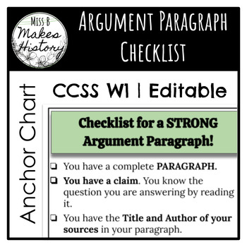 Preview of Argument Paragraph Checklist! Editable AND Ready to Print!