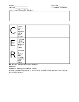 Preview of Argument Writing CER Graphic Organizer Claim Evidence and Reasoning