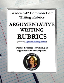 Preview of Argument Writing Rubrics Grades 6-12 Common Core