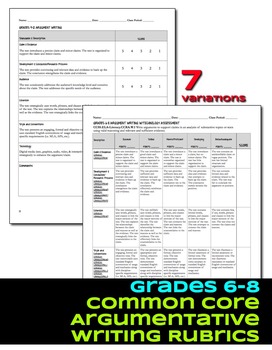 Preview of Argument Writing Rubrics Grades 6-8 Common Core