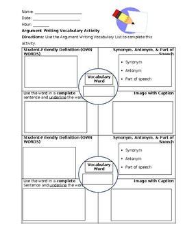 Preview of Argument Writing Vocabulary Activity-Frayer Model (list sold separately)