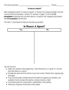 Preview of Argumentative Discourse Writing Prompt: Is Dance A Sport?