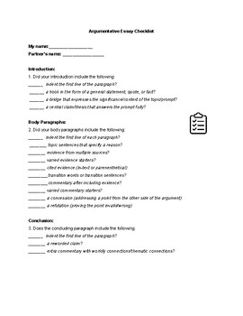 Preview of Argumentative Essay Checklist (Individual or Peer-Edit)