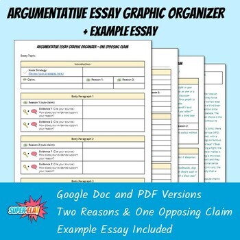 Preview of Argumentative Essay Graphic Organizer (One Opposing Claim) + Example Essay