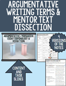 Preview of Argumentative Essay Notes Persuasive Essay Notes & Mentor Text Essay Dissection