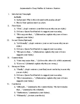 Preview of Argumentative Essay Outline and Sentence Starters List of Transition Words
