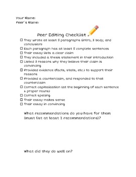 Preview of Argumentative Essay: Peer Edit Checklist (6th grade) FREEBIE