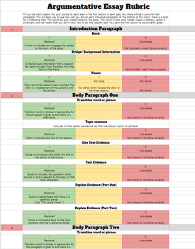 Preview of Argumentative Essay Rubric (for teacher or student use)