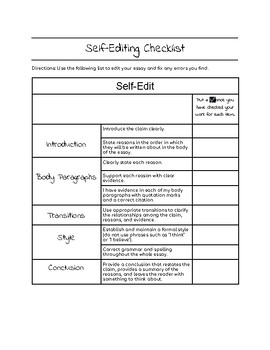 Preview of Argumentative Essay Self-Edit Checklist