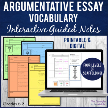 Preview of Argumentative Essay Vocabulary Guided Notes | Printable AND Digital