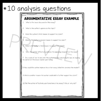 Argumentative Essay Writing Sample Analysis Worksheet Activity Middle