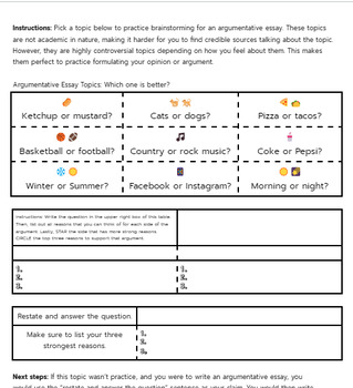 Preview of Argumentative Essay and Brainstorming Graphic Organizer (Engaging Topics)