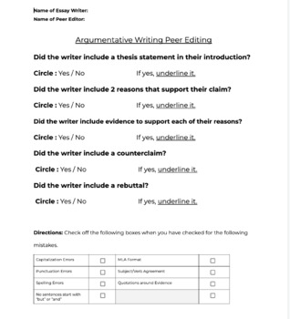 Preview of Argumentative Peer Editing Checklist 