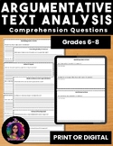 Argumentative Text Analysis Comprehension Questions: Grades 6-8