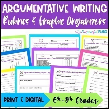 Preview of EDITABLE Argumentative Writing Rubric, Self Editing, Graphic Organizer Templates