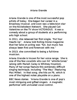 Preview of Ariana Grande Article & Worksheet