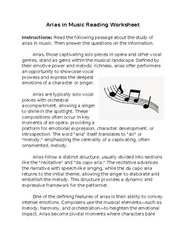 Preview of Arias Opera in Music Reading Worksheet **Editable**