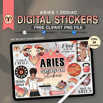 Preview of Aries Season Digital Stickers, 34 PNG Funny Zodiac Signs, Astrology Sticker