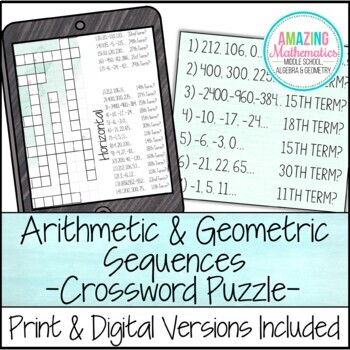 Preview of Arithmetic & Geometric Sequences Crossword Puzzle Activity Worksheet