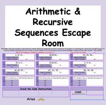 Preview of Arithmetic & Recursive Sequences Escape Room
