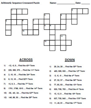 Preview of Arithmetic Sequence Nth Term Crossword Puzzle Task Project Review Algebra