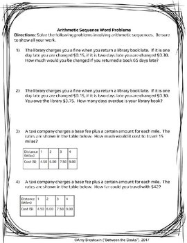 Arithmetic Sequence Word Problems by Between the Desks | TpT