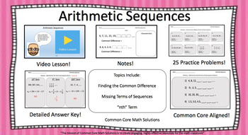 Preview of Arithmetic Sequences - 25 Practice Problems & 2 Video Lessons with Notes!