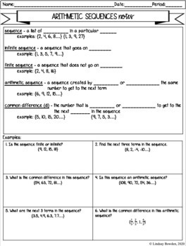 Arithmetic Sequences Notes and Worksheets by Lindsay Bowden - Secondary