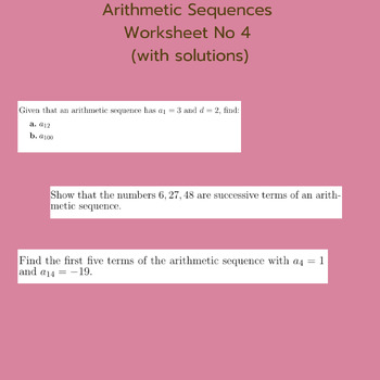 Preview of Arithmetic Sequences Worksheet No 4 (with solutions)