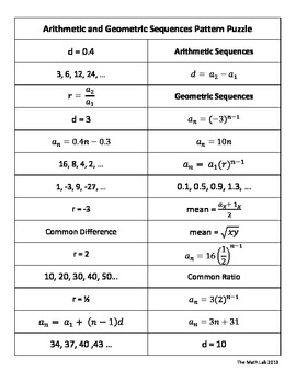 arithmetic and geometric sequences line puzzle answer key
