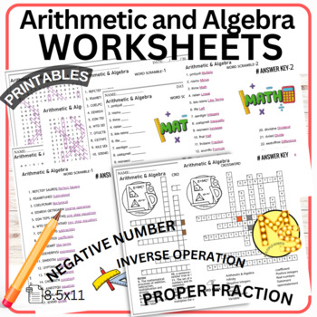 Preview of Arithmetic and Algebra Worksheets Crossword-Word Scramble-Word Search Math Quiz