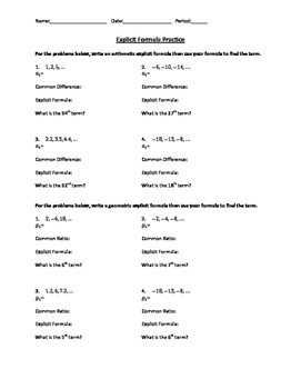 Arithmetic and Geometric Explicit Formula Practice Worksheet | TpT