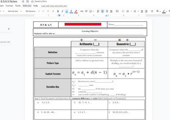 Preview of Arithmetic and Geometric Sequences fillable notes with KEY
