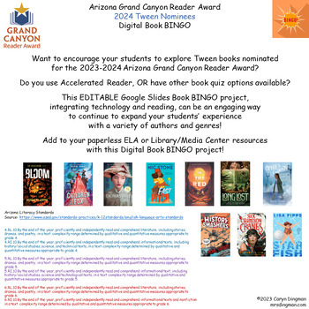 Preview of Arizona Grand Canyon Reader Award 2024 Tween Nominees Digital Book BINGO