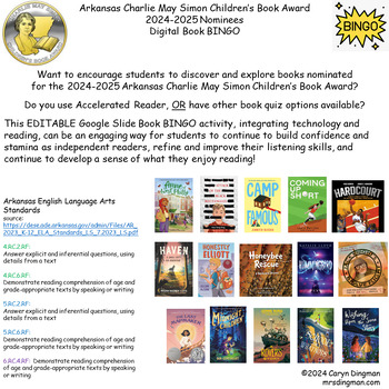 Preview of Arkansas Charlie May Simon CBA 2024-2025 Book Nominees Gr4-6 Digital Book BINGO