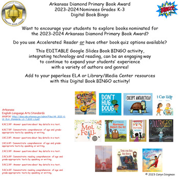Preview of Arkansas Diamond Primary CBA 2023-2024 Book Nominees GrK-3 Digital Book BINGO