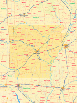 Preview of Arkansas map with cities township counties rivers roads labeled