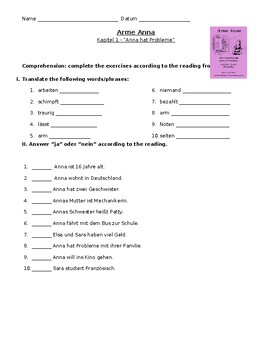Preview of Arme Anna Worksheets (German) Chapter 1