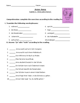 Preview of Arme Anna Worksheets (German) Chapter 2