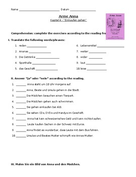 Preview of Arme Anna Worksheets (German) Chapter 4