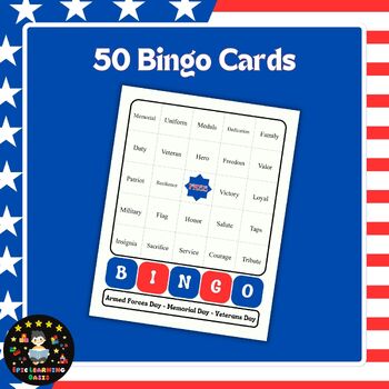 Armed Forces Day, Memorial Day, Veterans Day Printable Bingo Game Cards 