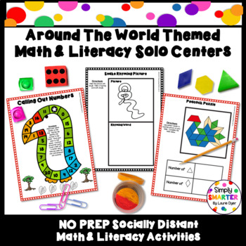 Preview of Around The World Solo Math And Literacy Socially Distanced Kindergarten Centers