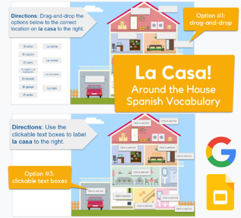 Preview of Around the House in Spanish /  La Casa - drag-drop, labeling in Slides