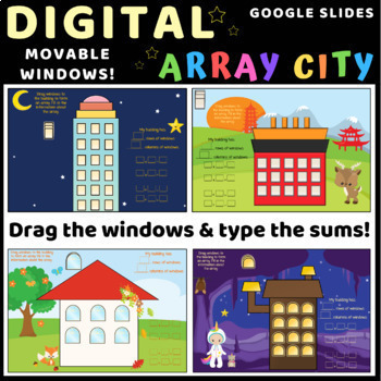 Preview of Array City Digital Multiplication Division activity Google Slides moving windows