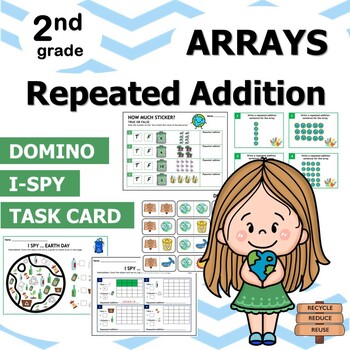 Preview of Array and Repeated Addition Domino, Task Card, I-Spy 2nd Grade Earth Day