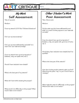 Preview of Art Analysis Critique Self Artist Assessment Evaluation Worksheet