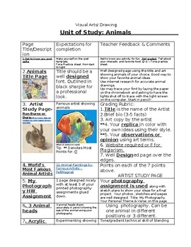 Preview of Art Animals Thematic Unit of Study Task Sheet for a Quarter or Semester