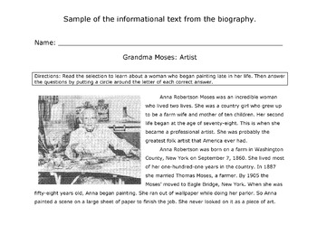 Preview of Artist Biography Grandma Moses Reading Lesson 21 m choice Comprehensio Questions