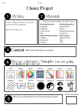 Preview of Art Choice Project Planning Worksheet and Rubric for Middle and High School Art