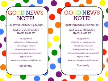 Preview of Art Class Positive Behavior Notes to Parents -  "Good News Notes"